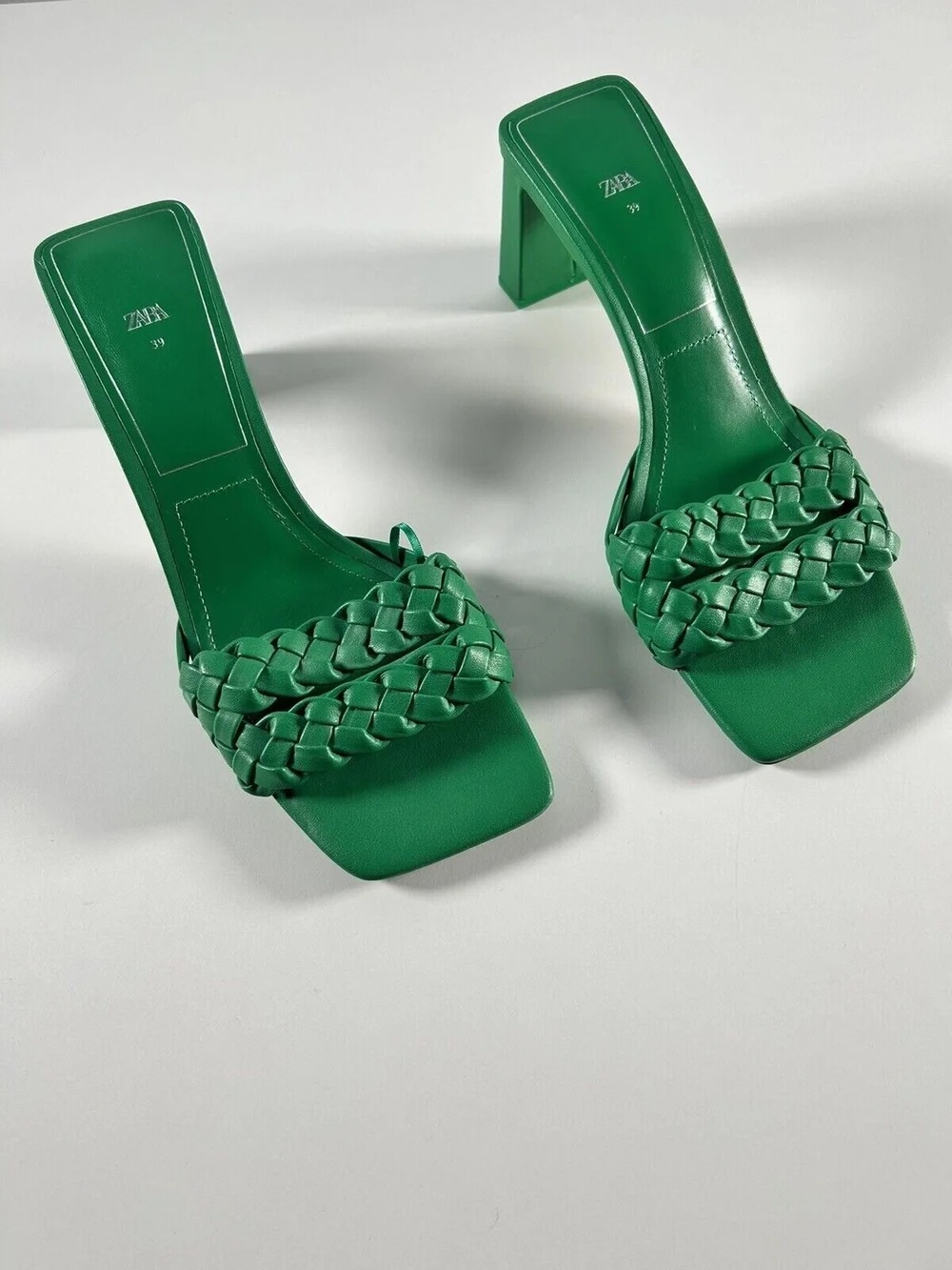 Zara Emerald Braided Double-Strap Block Heel Sandals